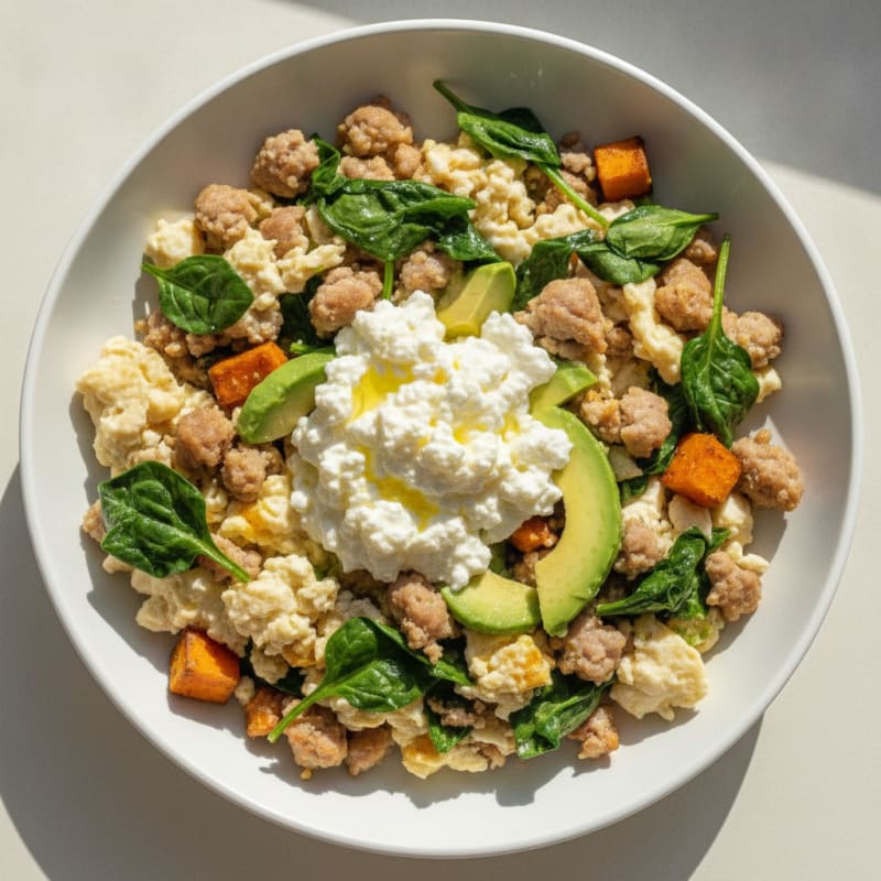 Egg White and Turkey Sausage Scramble with Cottage Cheese and Spinach