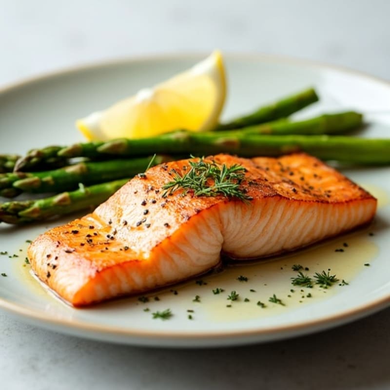 Seared Salmon with Steamed Asparagus and Lemon