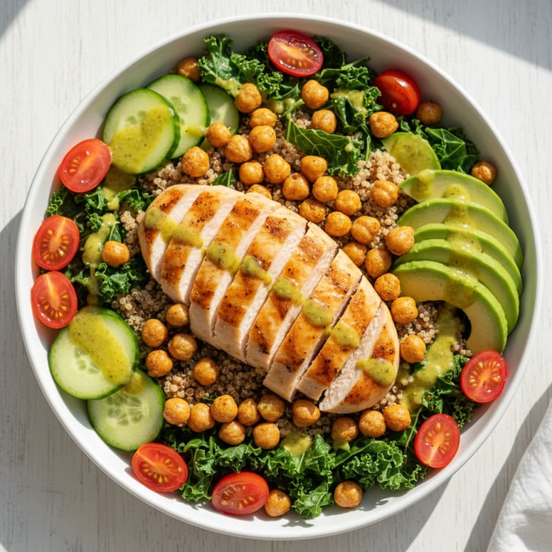 Grilled Chicken and Quinoa Protein Bowl with Roasted Chickpeas