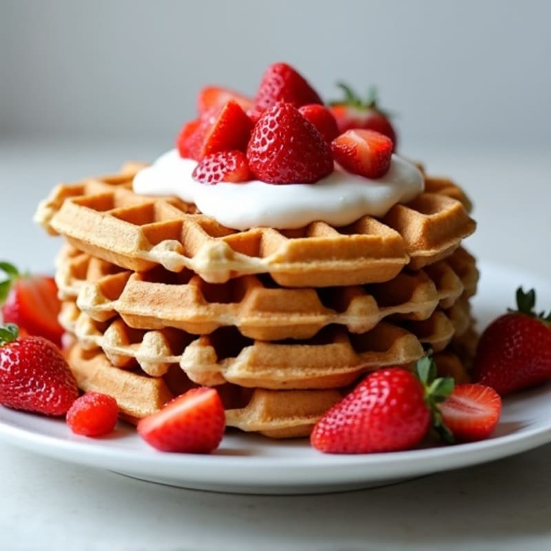 Fresh Strawberry Whole Grain Waffles with Creamy Greek Yogurt