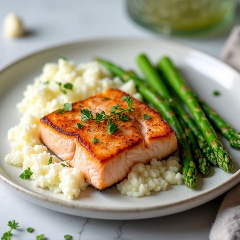 Seared Salmon with Steamed Asparagus and Garlic Cauliflower Mash