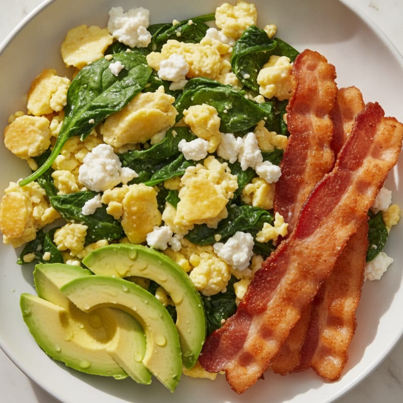 Cottage Cheese Egg Scramble with Spinach and Turkey Bacon