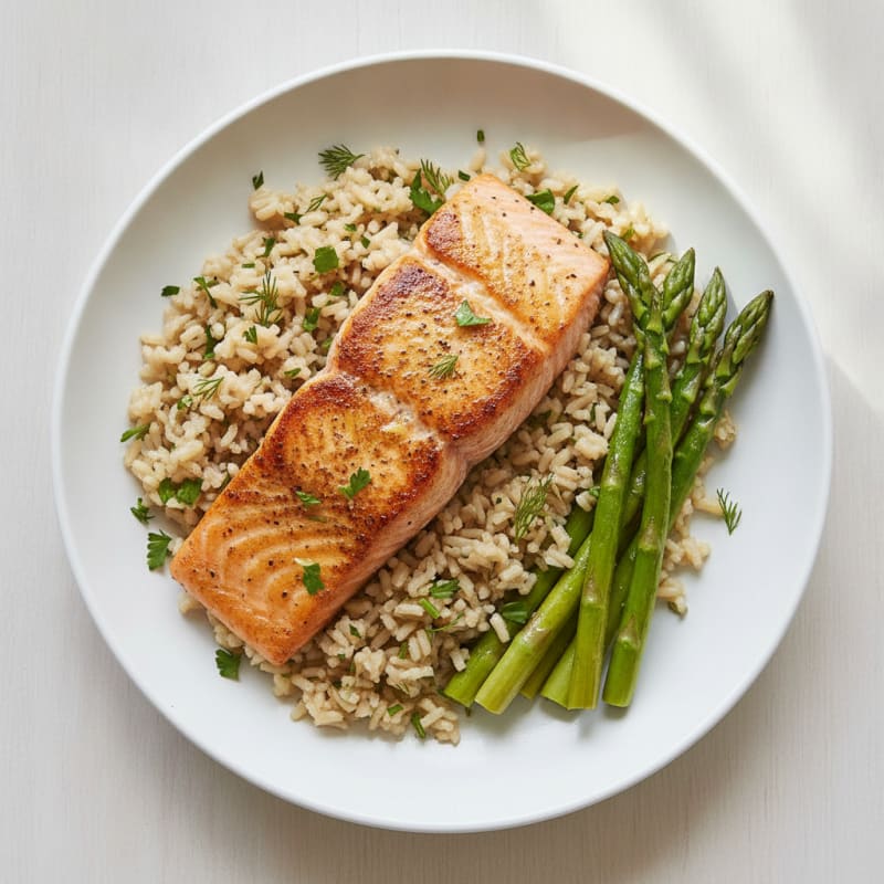 Seared Salmon with Herb Brown Rice and Steamed Asparagus