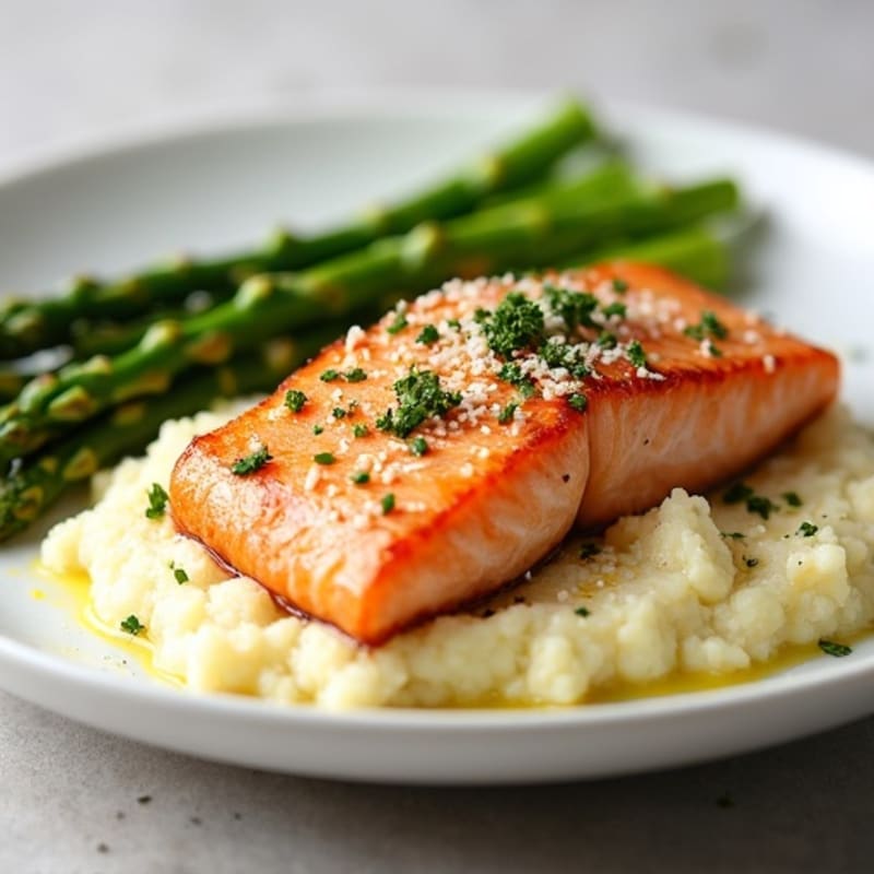 Seared Salmon Fillet with Steamed Asparagus and Mashed Cauliflower