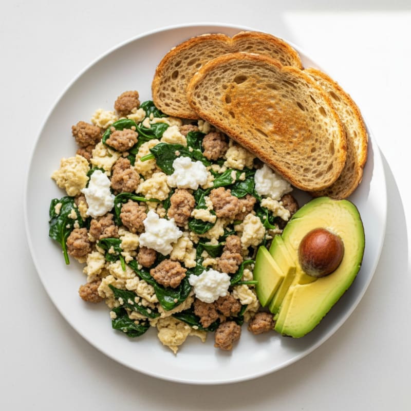 Egg White and Turkey Sausage Scramble with Cottage Cheese and Spinach