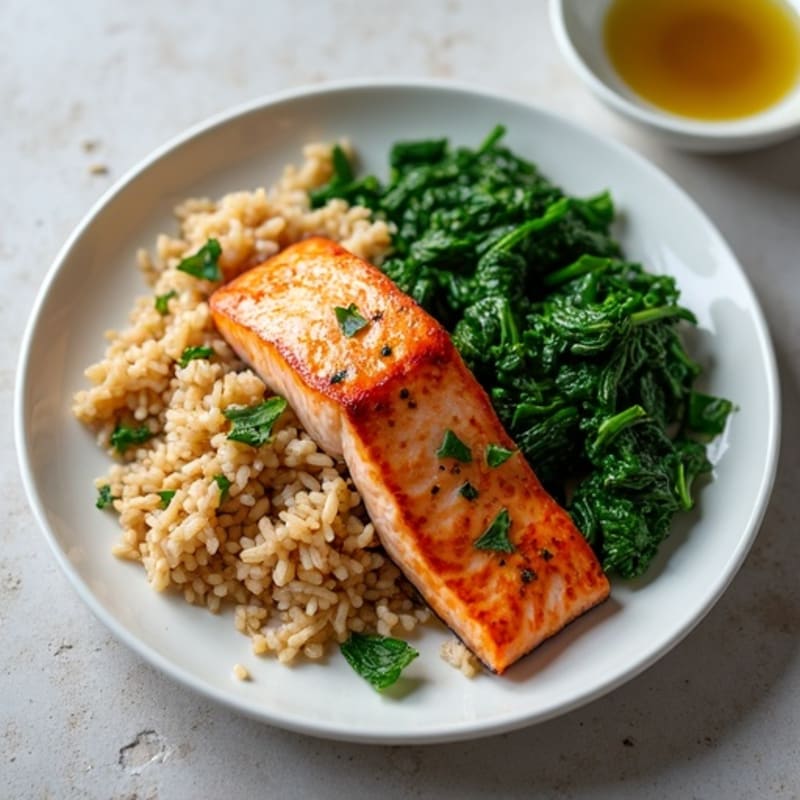 Seared Salmon with Garlic Spinach and Brown Rice