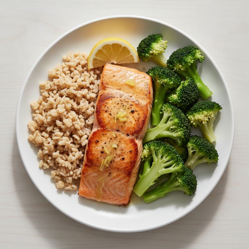 Seared Salmon with Steamed Broccoli and Brown Rice