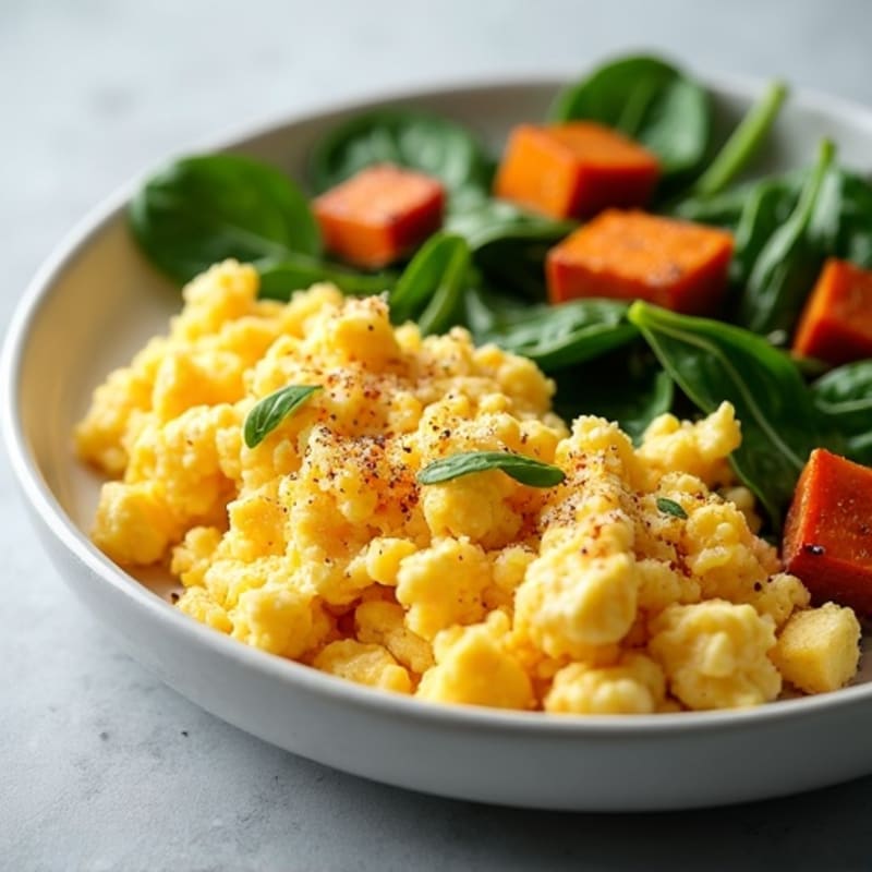 Scrambled Eggs with Crispy Sweet Potato and Fresh Spinach