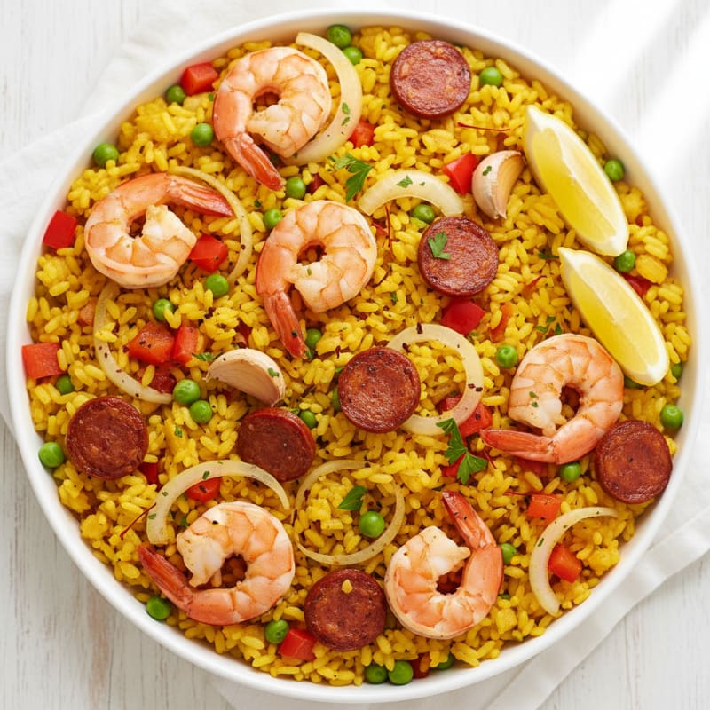 Golden Saffron Seafood Paella with Chorizo