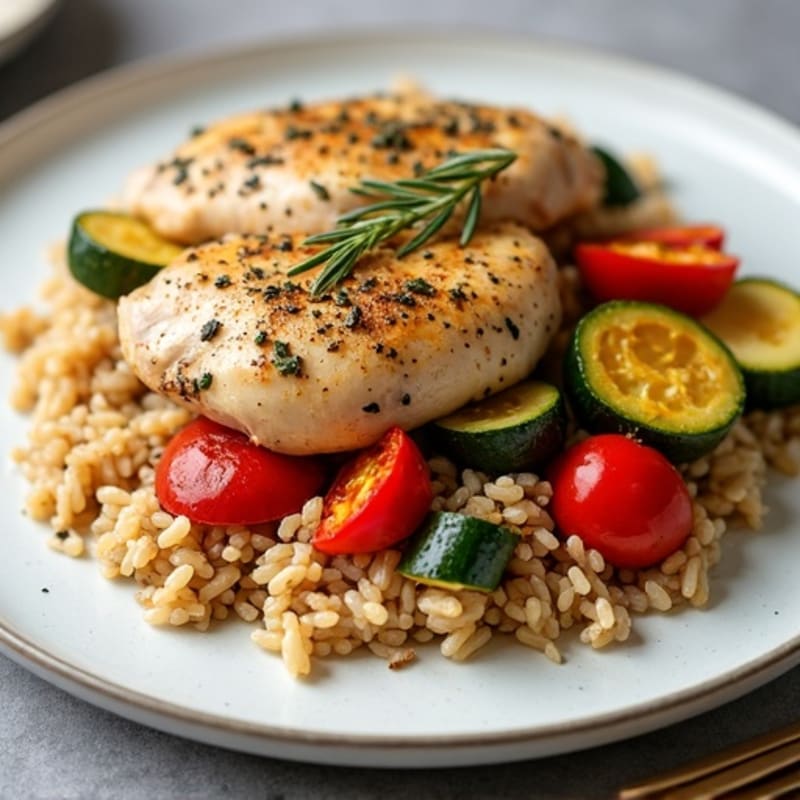 Herb-Roasted Chicken with Brown Rice and Roasted Vegetables