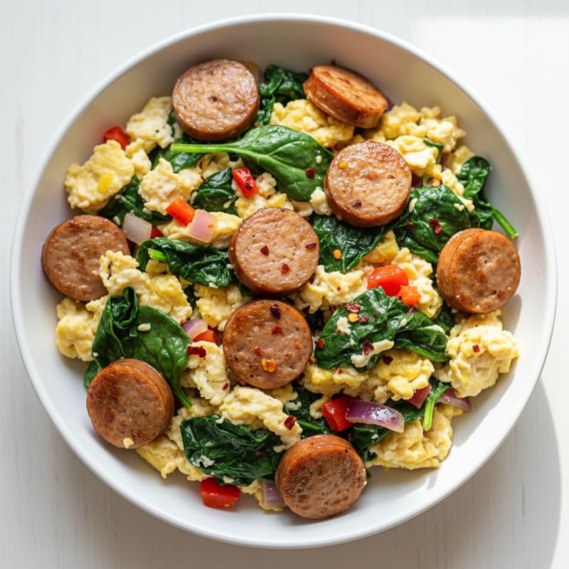 Egg White and Spinach Scramble with Turkey Sausage