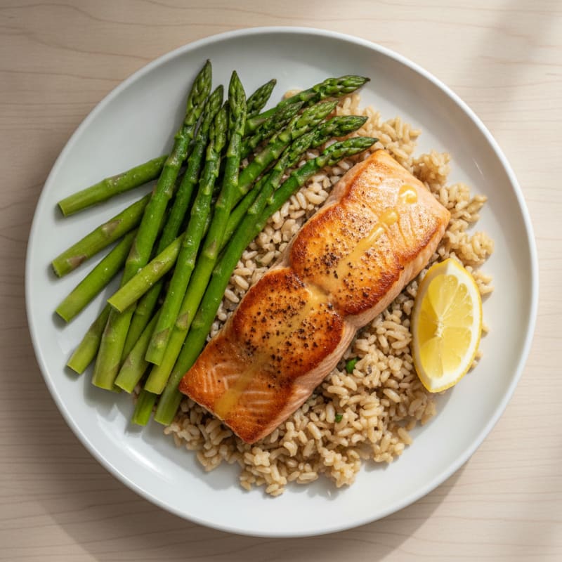 Seared Salmon with Steamed Asparagus and Brown Rice