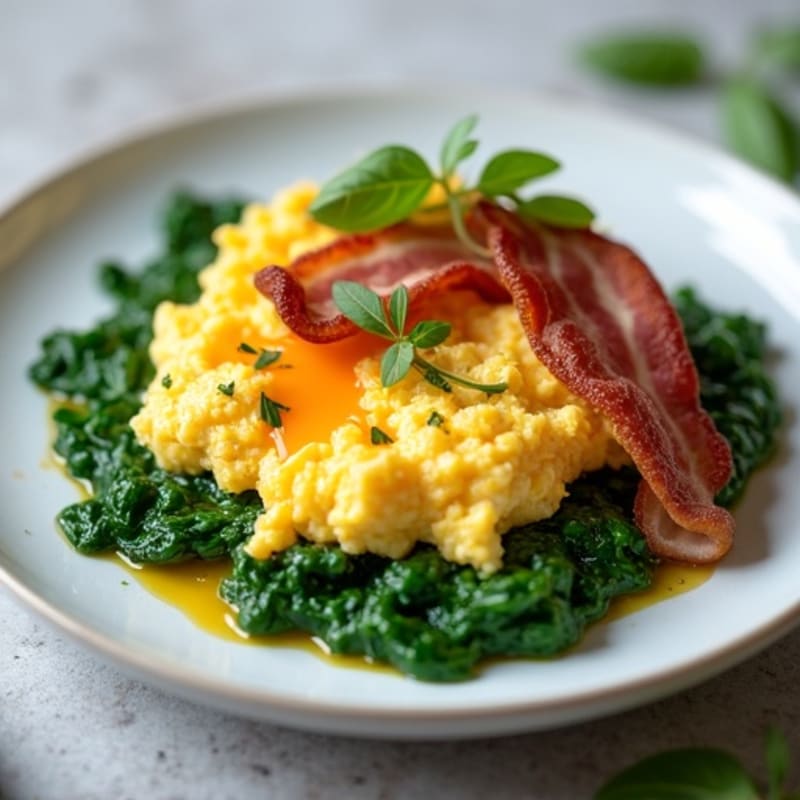 Creamy Cottage Cheese Egg Scramble with Sautéed Spinach and Turkey Bacon