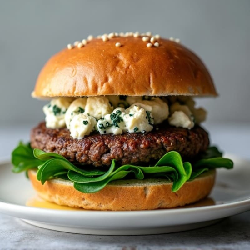 Juicy Lean Beef Burger with Crumbled Blue Cheese and Sautéed Spinach