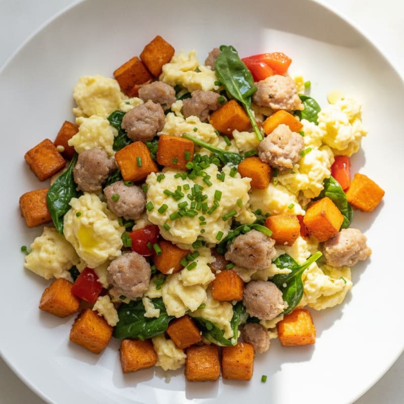 Egg White and Turkey Sausage Scramble with Roasted Sweet Potatoes