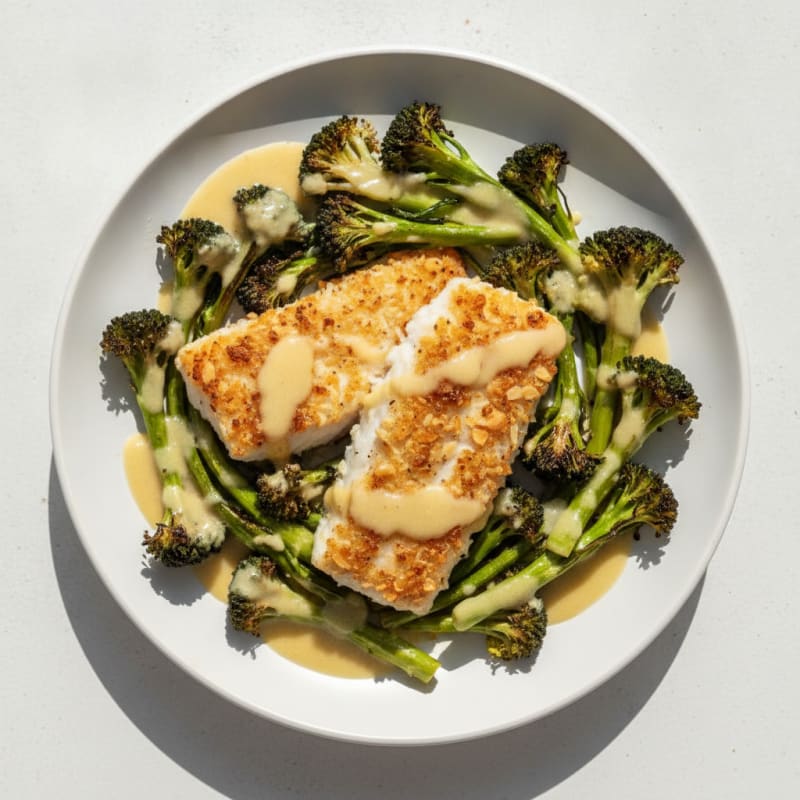 Crispy Baked Cod with Roasted Broccoli and Lemon Tahini Drizzle
