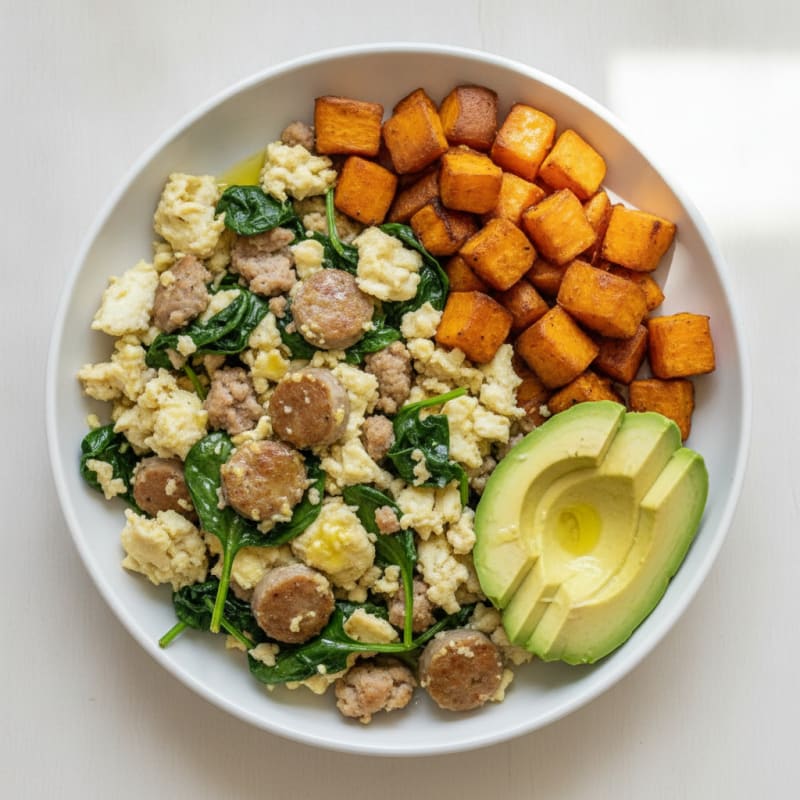 Egg White Scramble with Turkey Sausage and Spinach