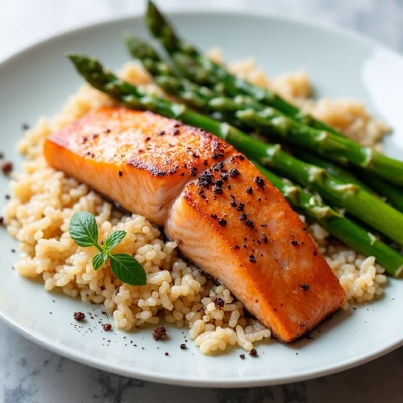 Seared Salmon with Steamed Asparagus and Brown Rice