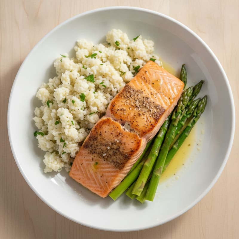 Seared Salmon Fillet with Steamed Asparagus and Cauliflower Rice