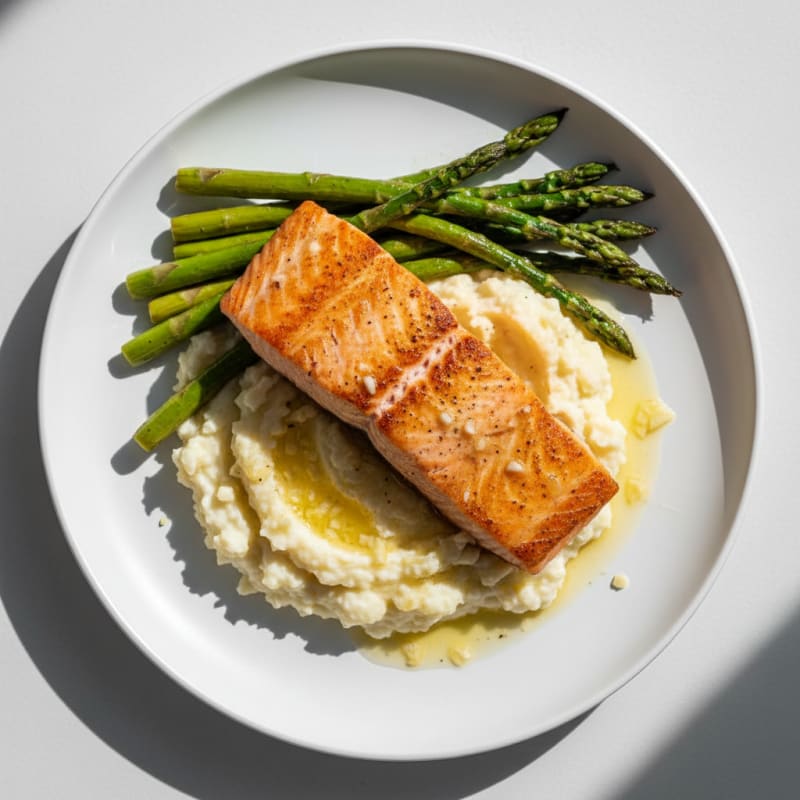 Seared Salmon with Roasted Asparagus and Cauliflower Mash