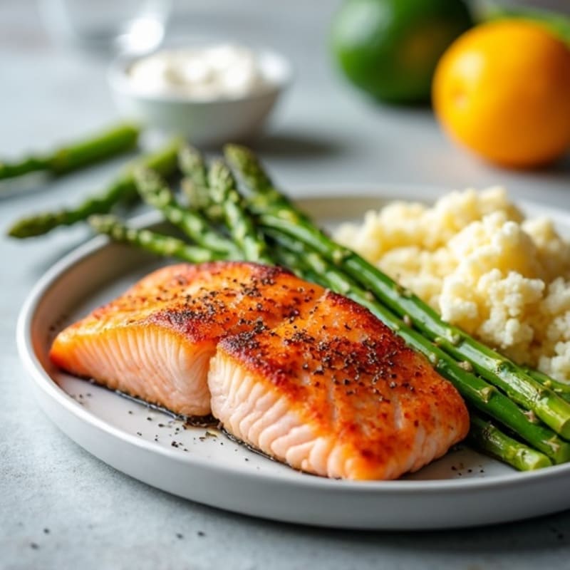 Seared Salmon Fillet with Roasted Asparagus and Garlic Mashed Cauliflower-Quinoa Blend