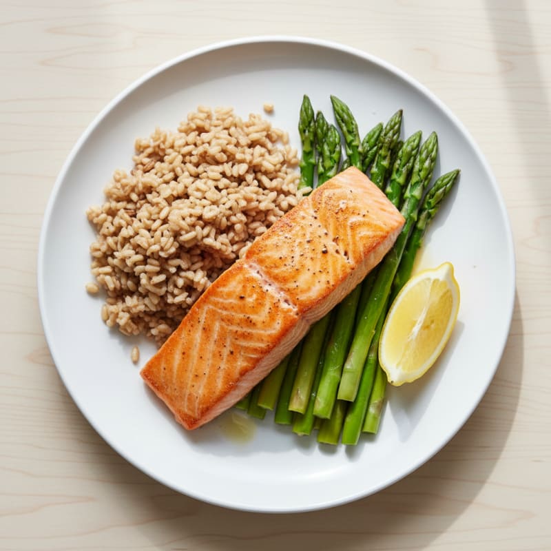 Seared Salmon with Steamed Asparagus and Brown Rice