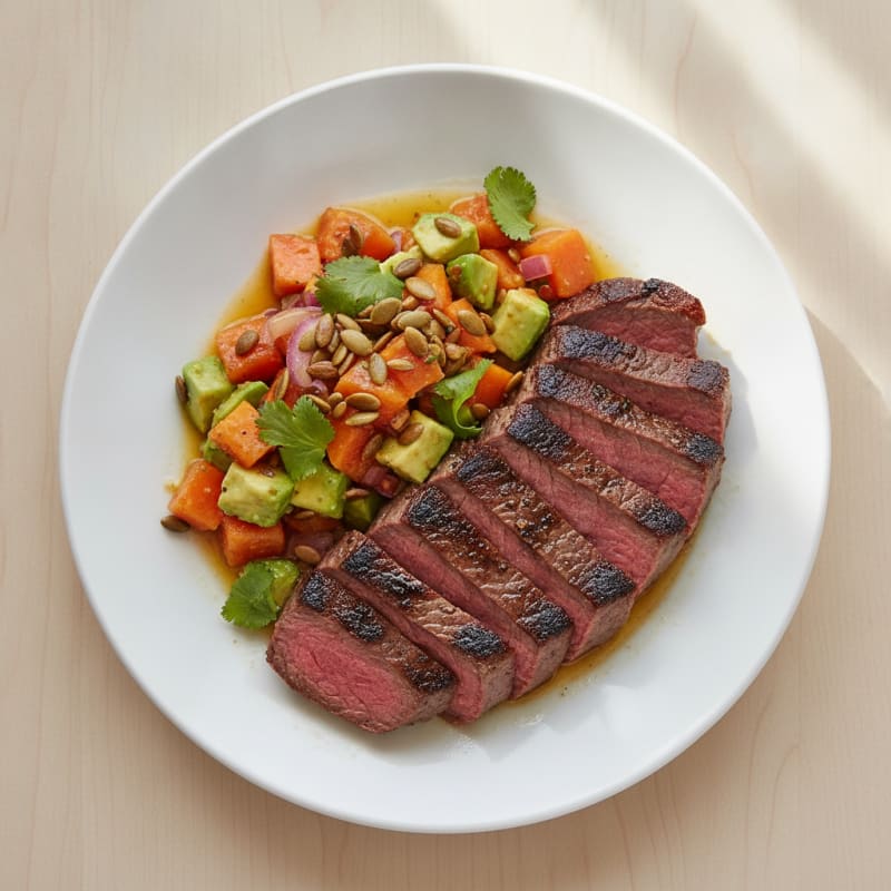 Seared Sirloin with Roasted Papaya and Avocado Salsa