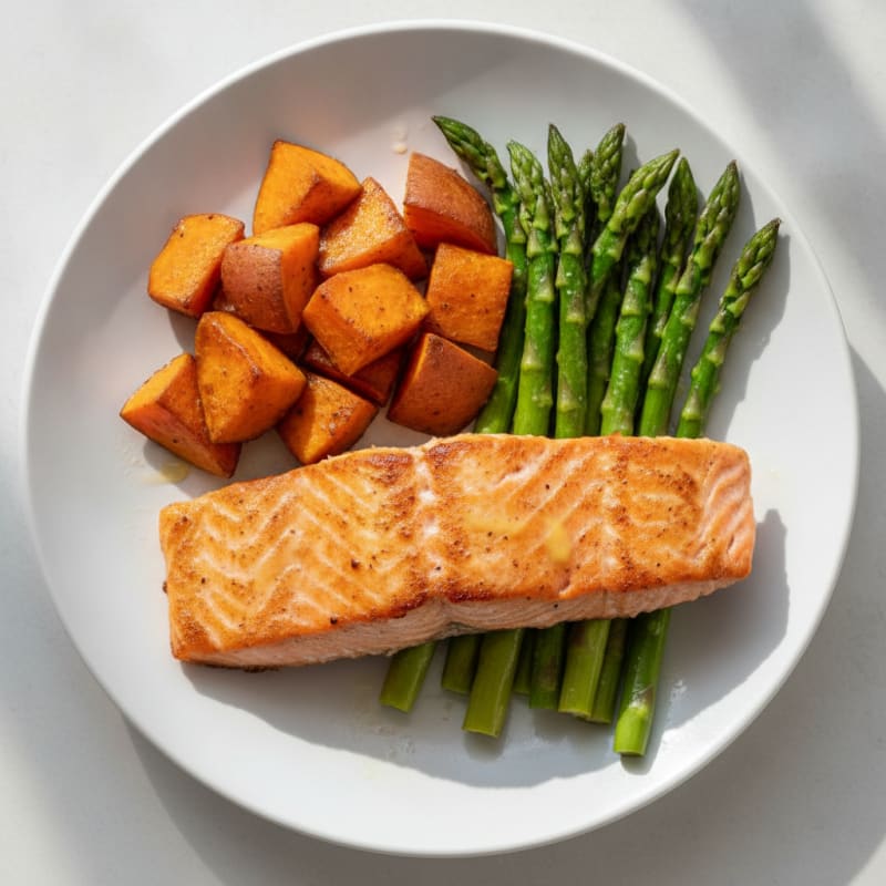 Seared Salmon with Roasted Sweet Potatoes and Asparagus
