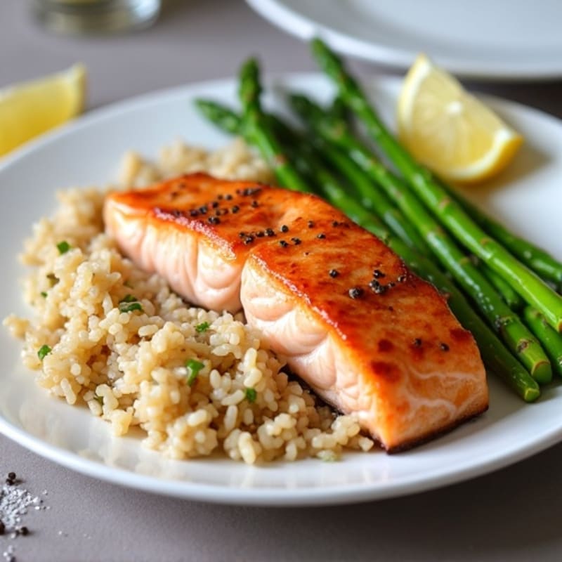 Pan-Seared Salmon with Steamed Asparagus and Brown Rice