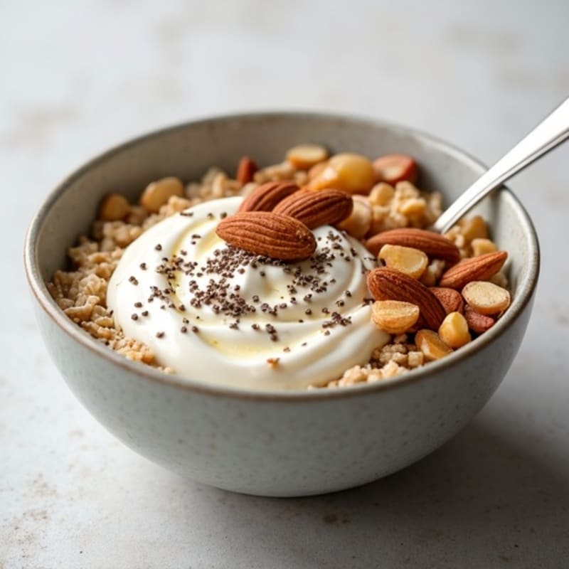 Greek Yogurt Oatmeal Bowl with Almonds and Chia Seeds