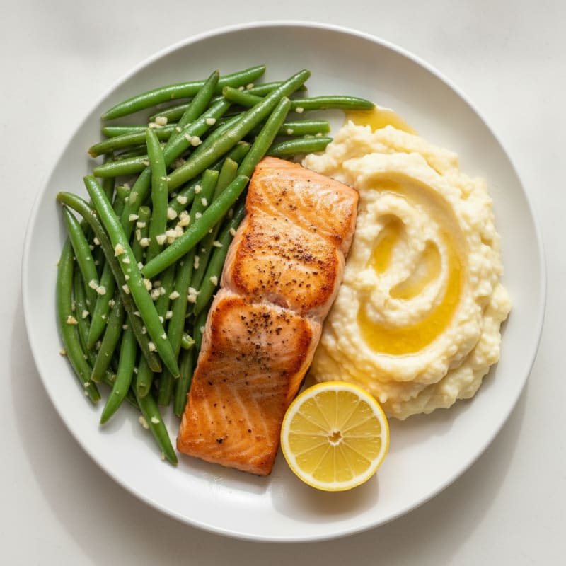 Seared Salmon with Garlic Green Beans and Cauliflower Mash