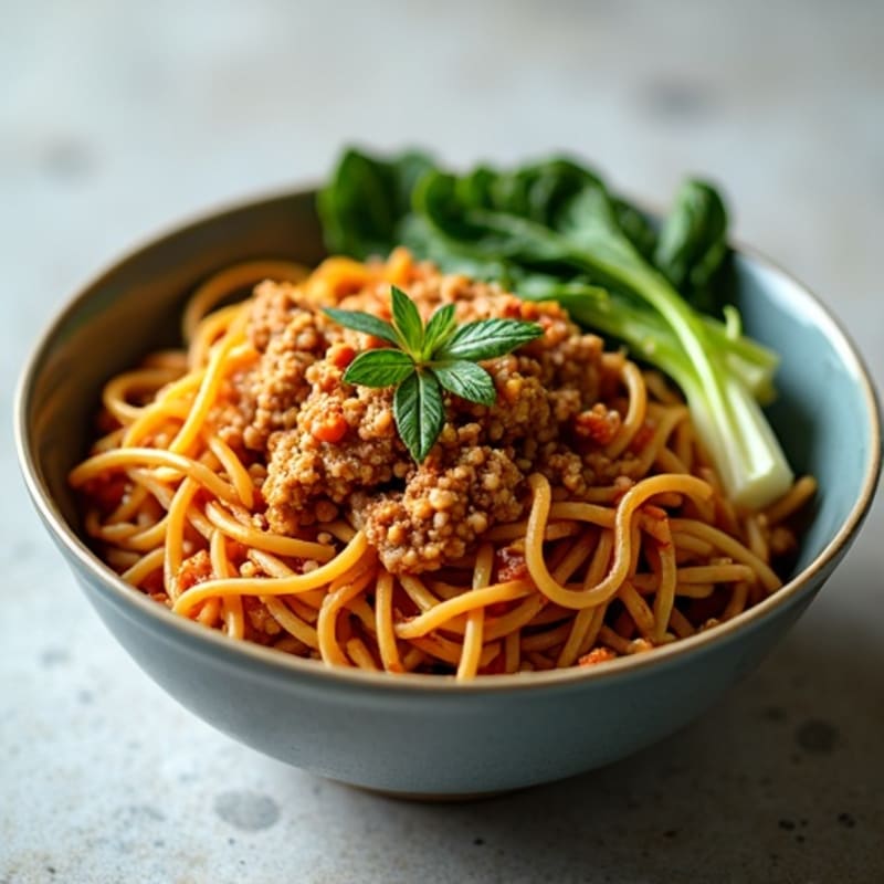 Spicy Peanut Sesame Noodles with Lean Ground Pork and Crispy Bok Choy