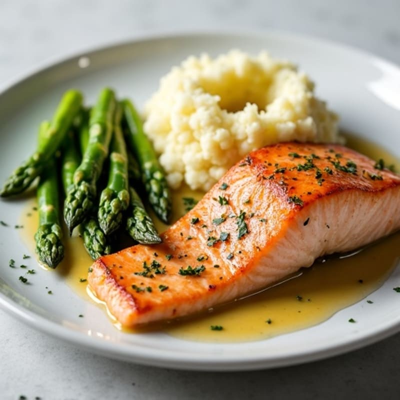 Seared Salmon with Steamed Asparagus and Cauliflower Mash