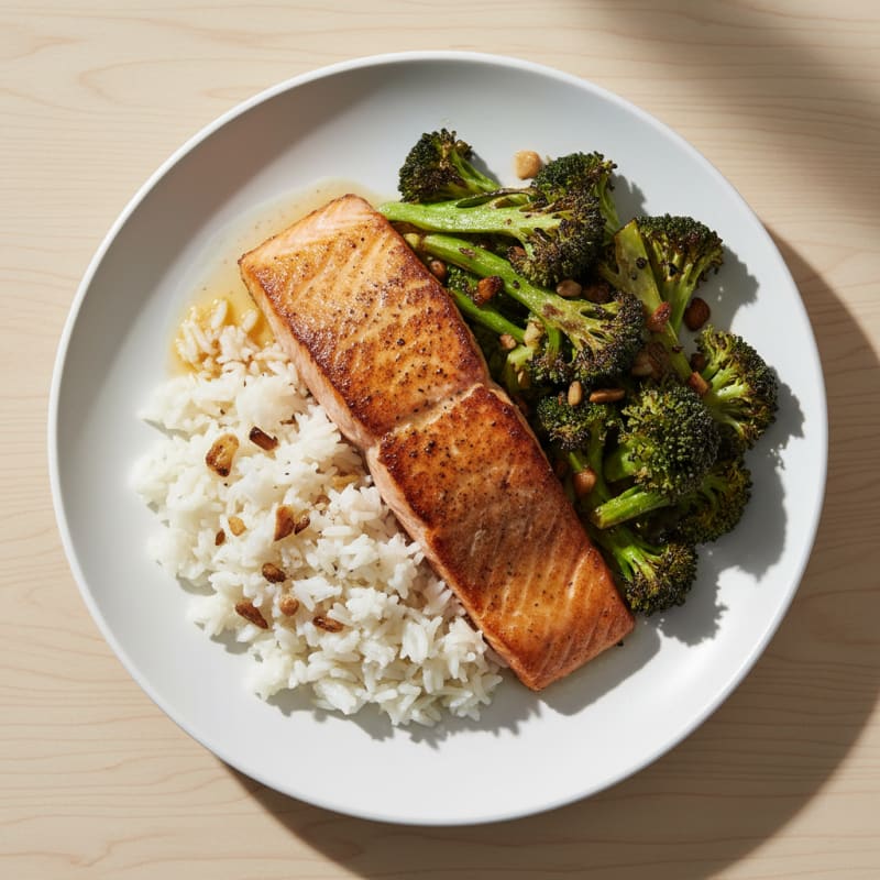 Seared Salmon with Roasted Broccoli and Garlic Rice