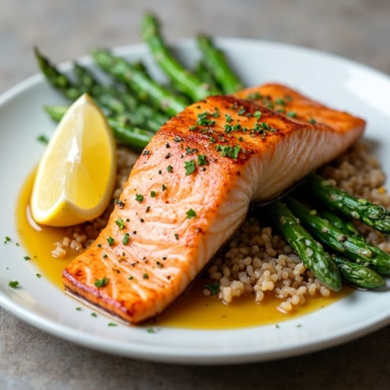 Seared Salmon Fillet with Steamed Asparagus and Brown Rice