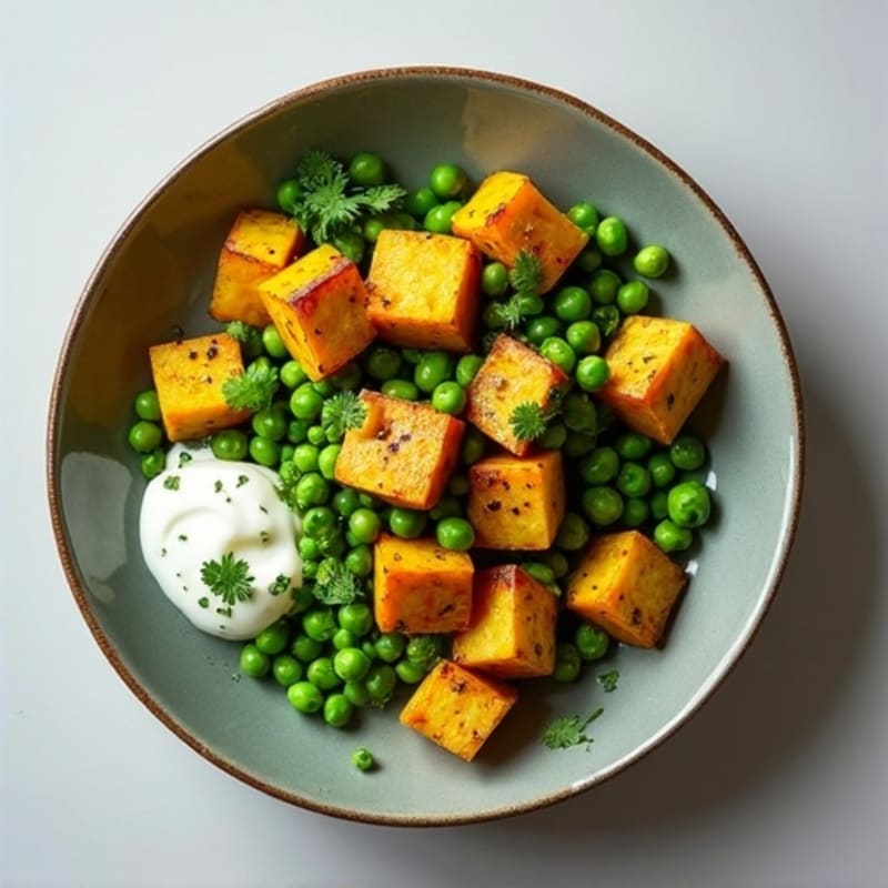 Spiced Potato and Pea Skillet with Tangy Cilantro Sauce
