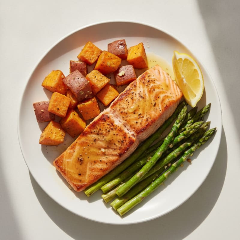 Seared Salmon Filet with Roasted Sweet Potatoes and Asparagus