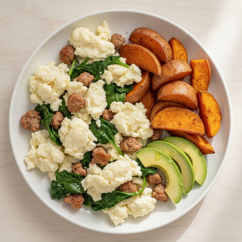 Egg White Scramble with Turkey Sausage and Sautéed Spinach
