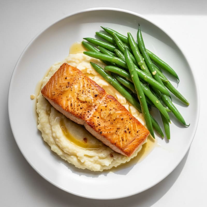 Seared Salmon Fillet with Steamed Green Beans and Garlic Mashed Cauliflower