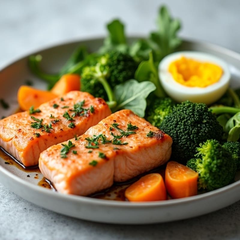 Seared Salmon with Roasted Sweet Potatoes, Steamed Broccoli, and Side Salad with Boiled Egg