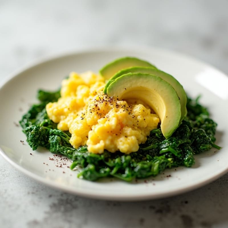 Creamy Scrambled Eggs with Sautéed Spinach and Avocado