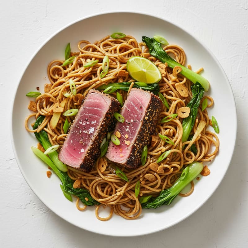 Zesty Seared Tuna with Crispy Garlic Noodles