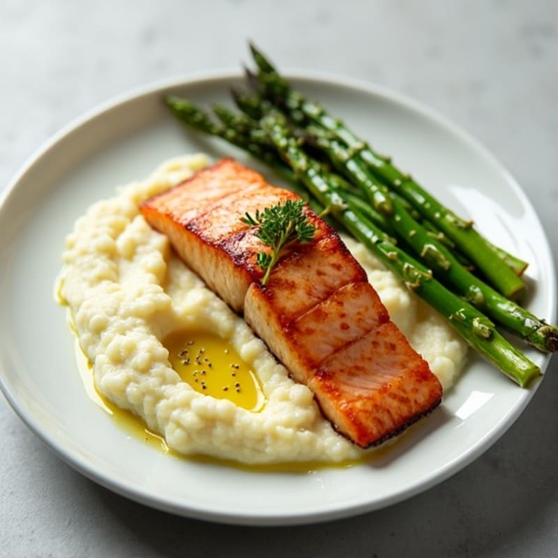 Seared Salmon with Steamed Asparagus and Cauliflower Mash