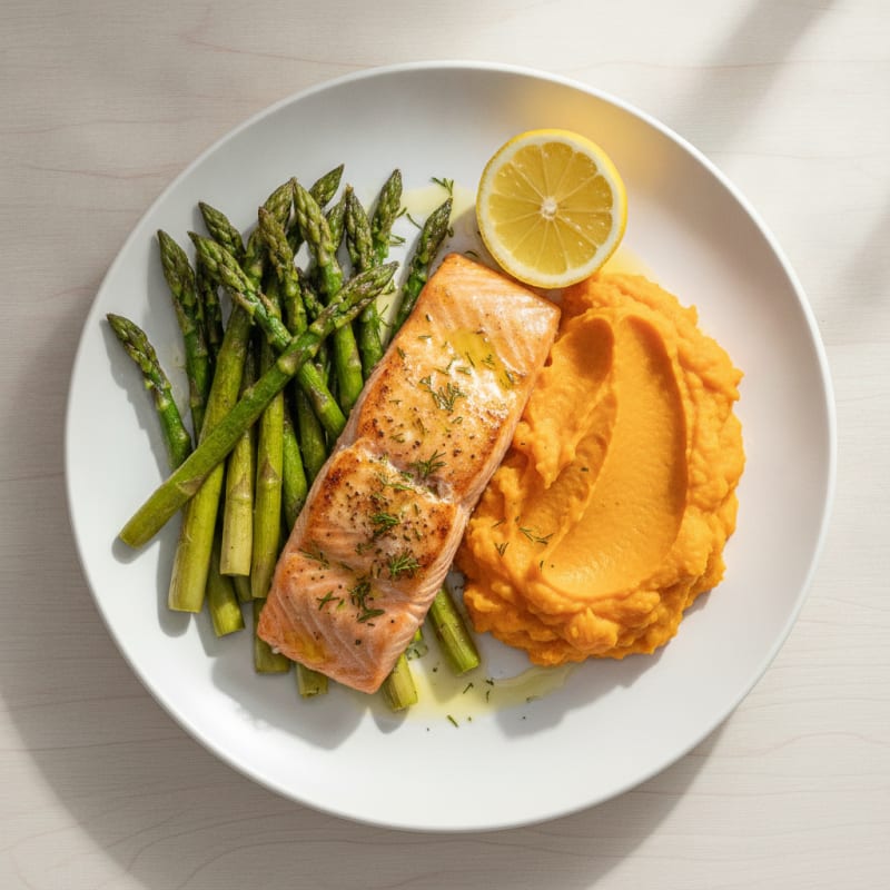 Baked Salmon Fillet with Roasted Asparagus and Sweet Potato Mash