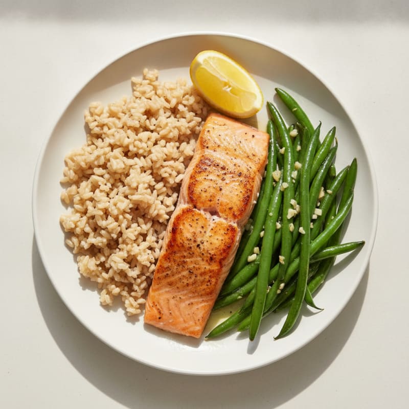 Seared Salmon Fillet with Garlic Green Beans and Brown Rice