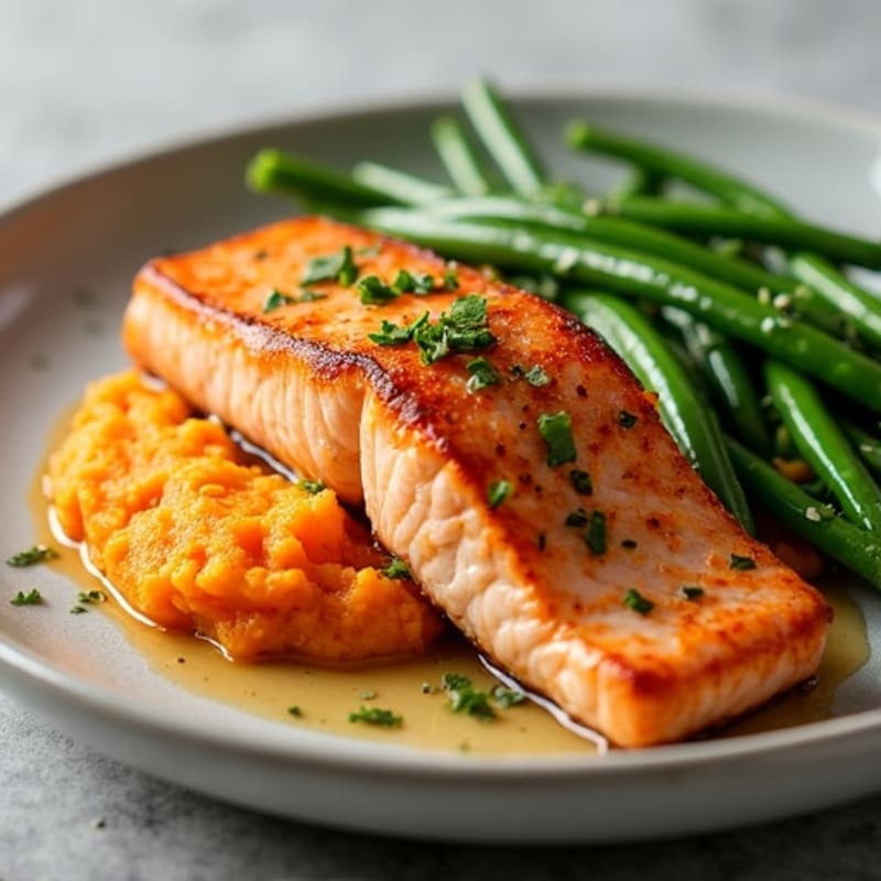 Seared Salmon Fillet with Garlic Green Beans and Sweet Potato Mash