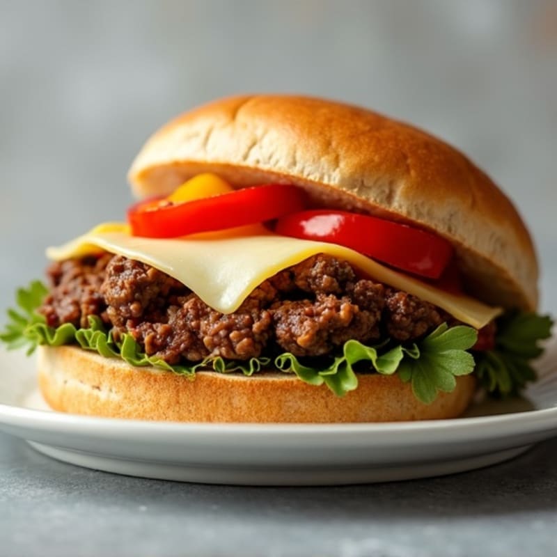 Lean Sautéed Beef with Bell Peppers, Onions, and Melted Provolone on a Whole Wheat Roll