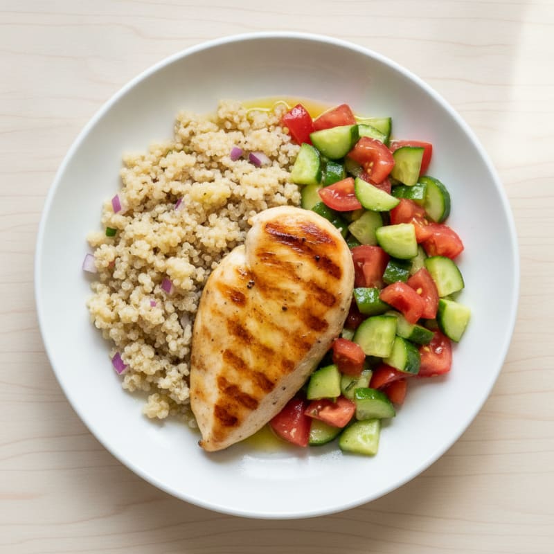 Grilled Chicken Breast with Quinoa and Crunchy Cucumber-Tomato Salad