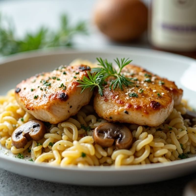 Herb-Garlic Chicken Thighs with Wild Mushroom Orzo