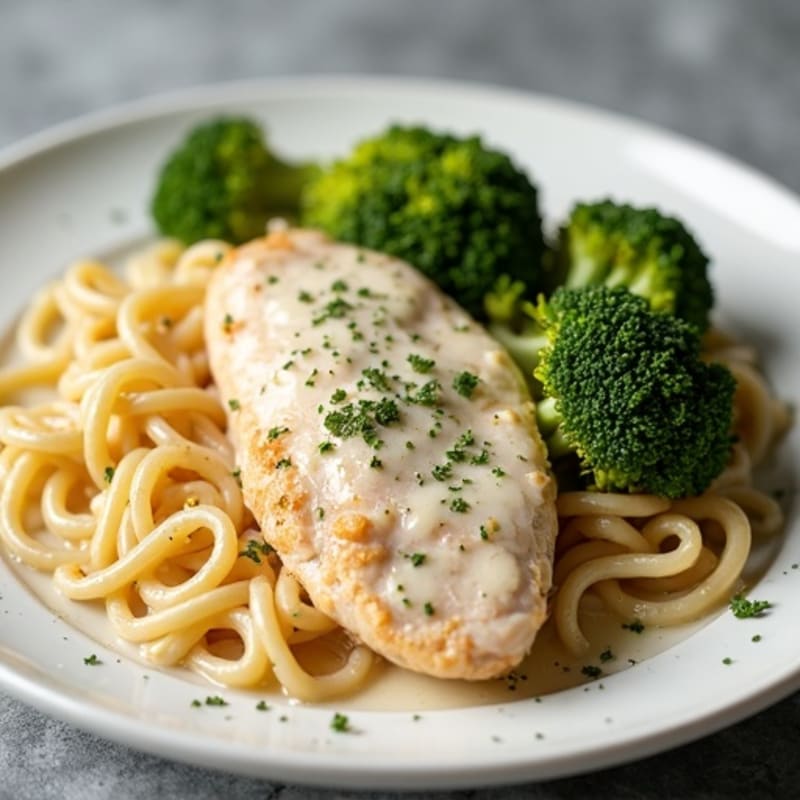 Creamy Chicken Alfredo with Whole Wheat Pasta and Roasted Broccoli
